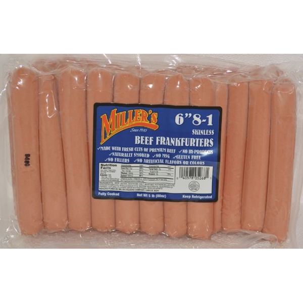 MILLERS BEEF FRANKFURTERS 6 INCH 8/1 FRANKS