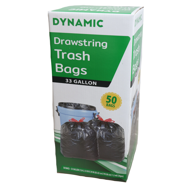 DYNAMIC BLACK DRAWSTRING TRASH BAGS 33 GAL