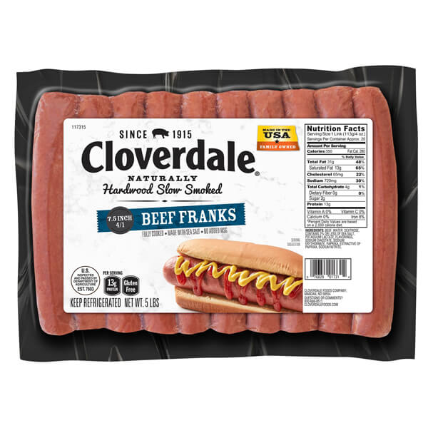 CLOVERDALE BEEF HOT DOGS 7.5 INCH 4/1 FRANKS