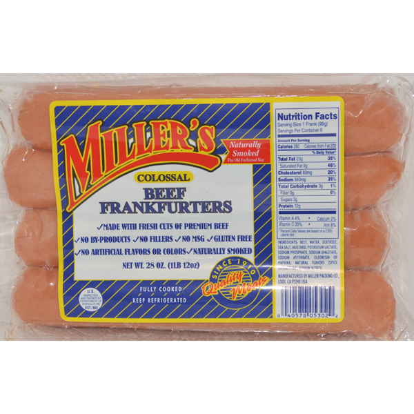 MILLERS BEEF FRANKFURTERS 6 INCH COLOSSAL