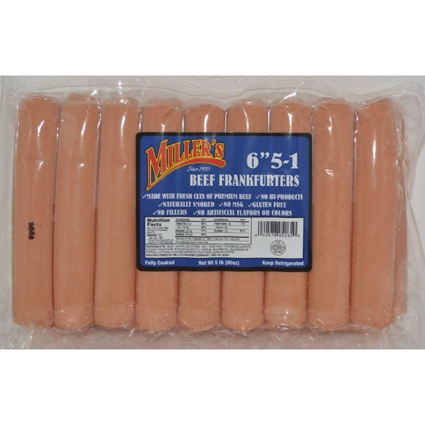 MILLERS BEEF FRANKFURTERS 6 INCH 5/1 FRANKS