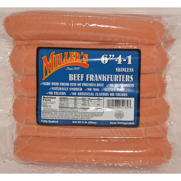 MILLERS BEEF FRANKFURTERS 6 INCH 4/1 FRANKS